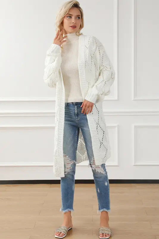 White rhombus hollowed knit open front cardigan - sweaters & cardigans