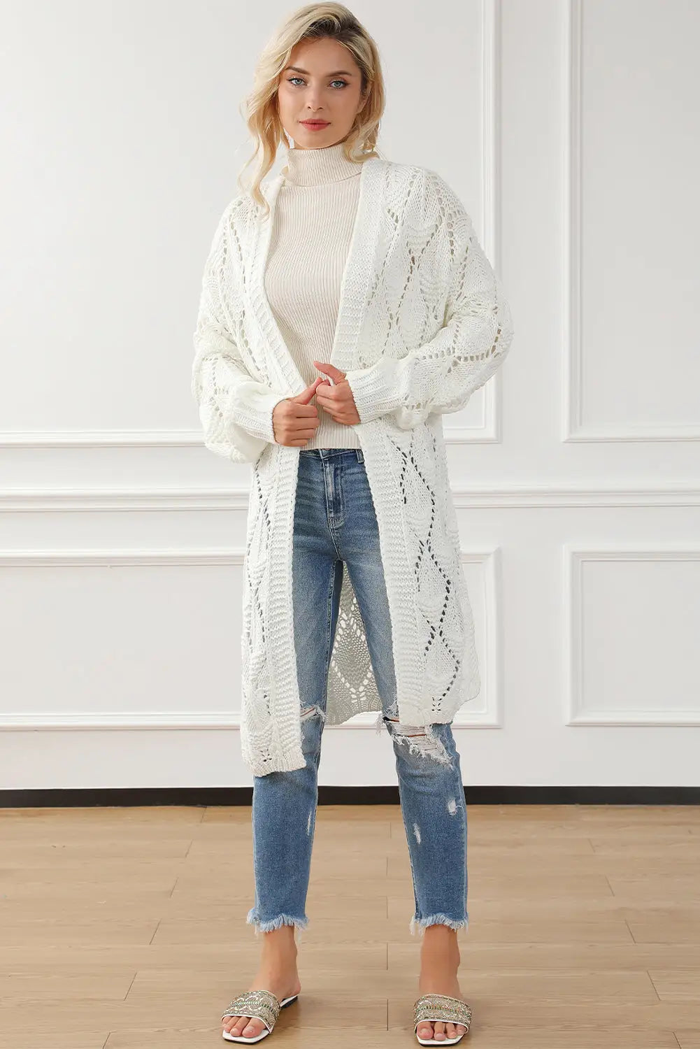 White rhombus hollowed knit open front cardigan - sweaters & cardigans