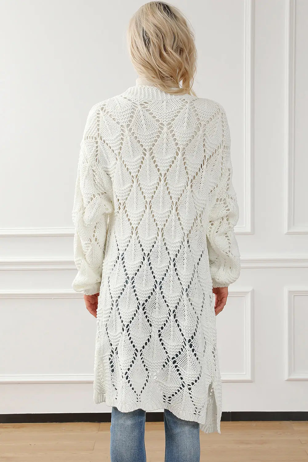 White rhombus hollowed knit open front cardigan - sweaters & cardigans