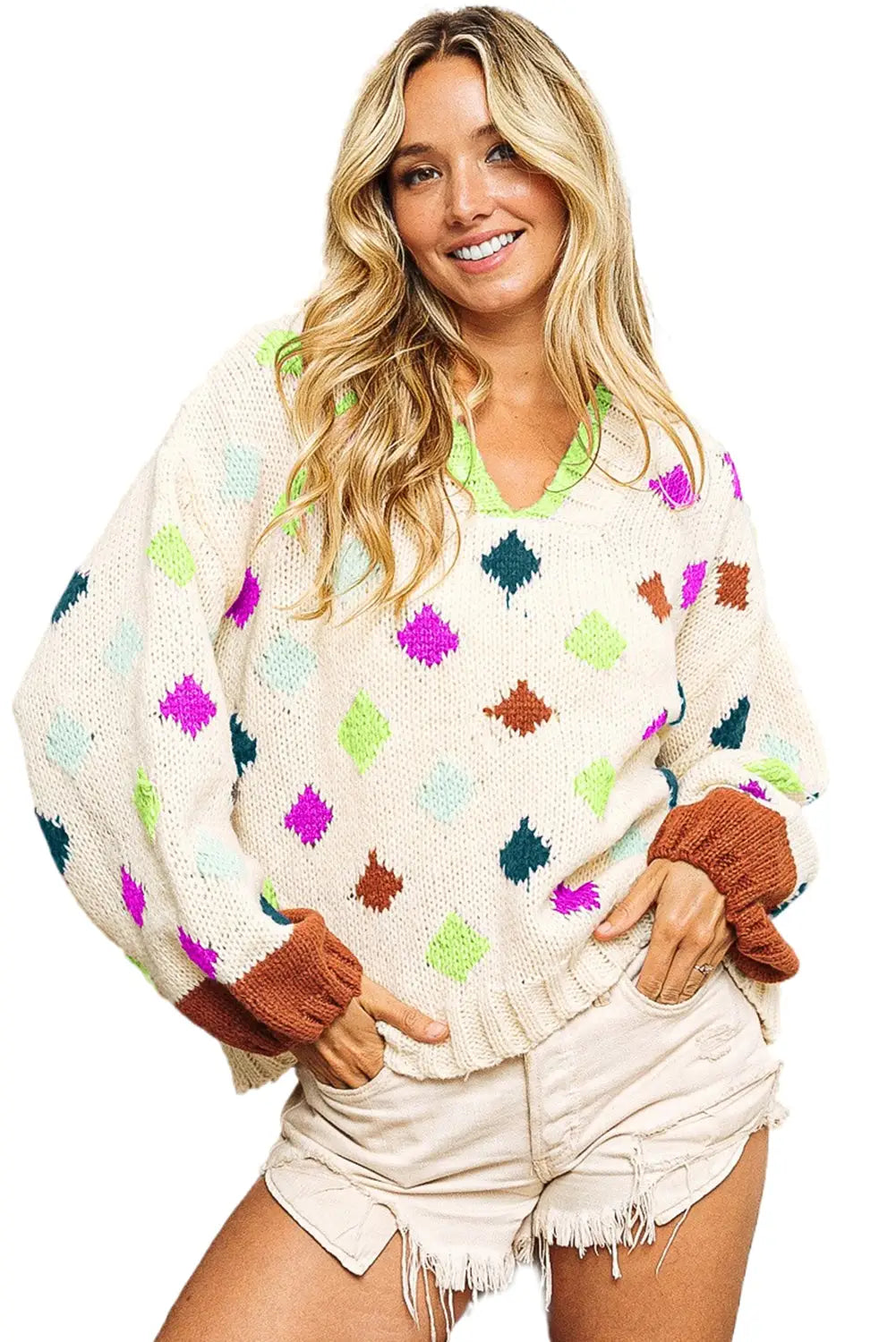 White rhombus pattern color-block v neck hooded sweater - sweaters & cardigans