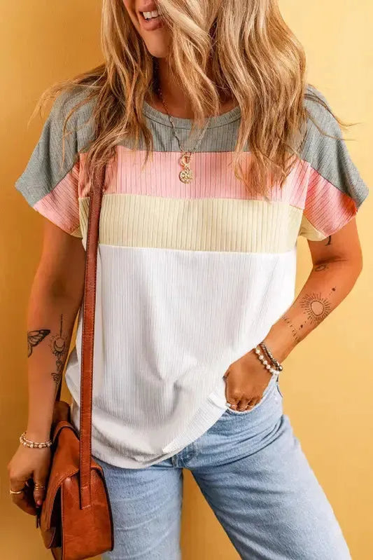 White Ribbed Color Block Patchwork T-shirt - Fashionfitz
