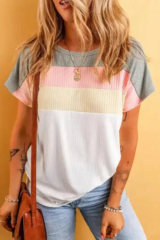Side view of White Ribbed Colour Block Patchwork Top showing ribbed colour block panel arrangement — Fashionfitz