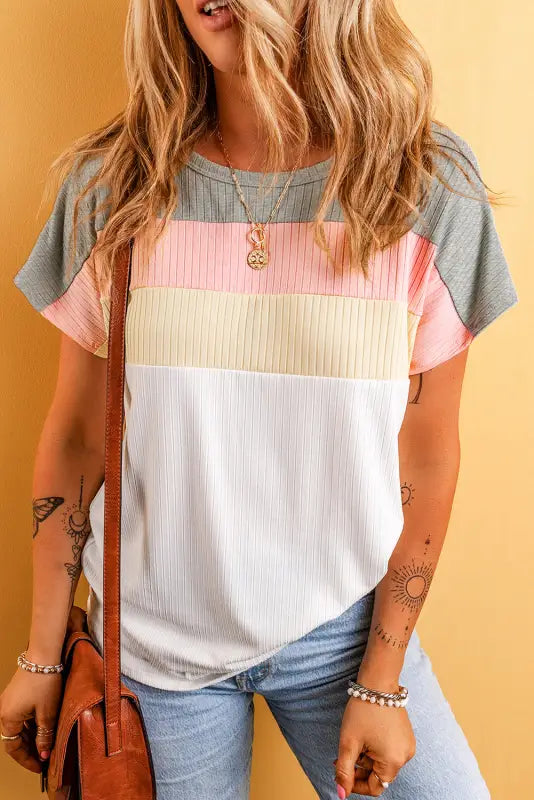 White ribbed color block patchwork t-shirt - tops