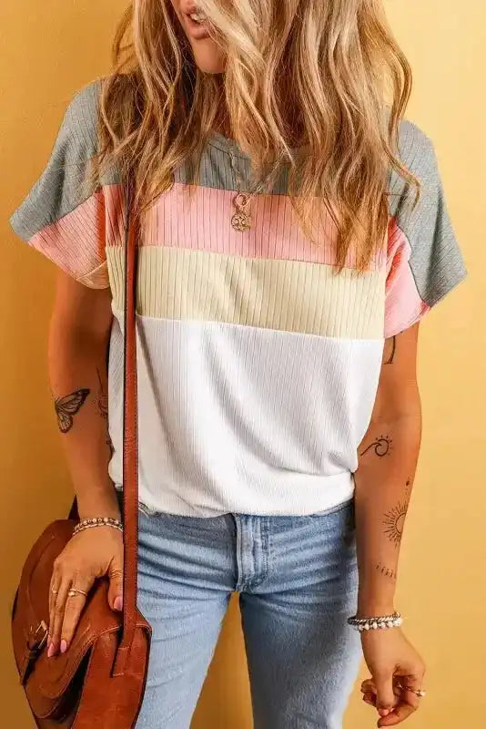 Close-up of White Ribbed Colour Block Patchwork Top showing ribbed texture and colour block seam detail — Fashionfitz
