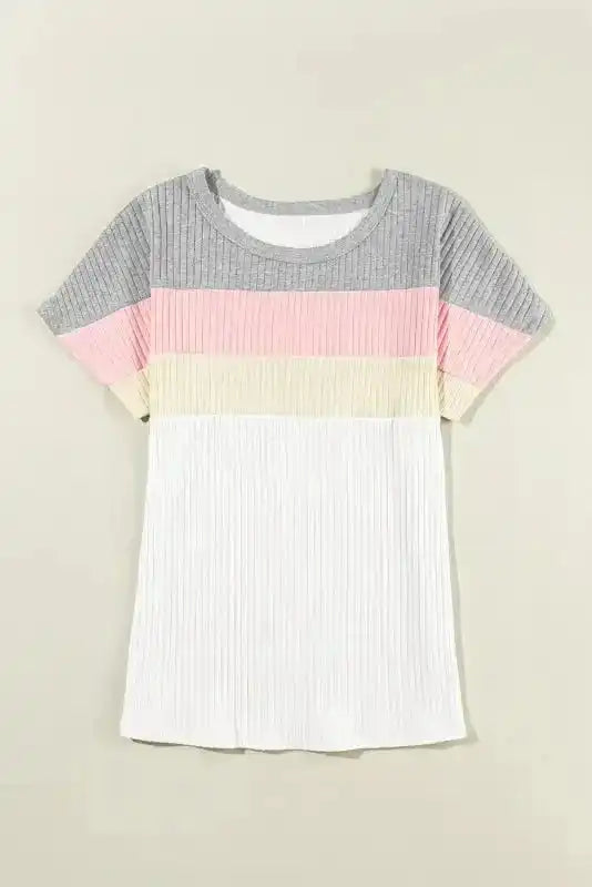 White Ribbed Color Block Patchwork T-shirt - Fashionfitz