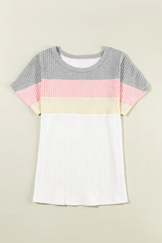 White ribbed color block patchwork t-shirt - tops