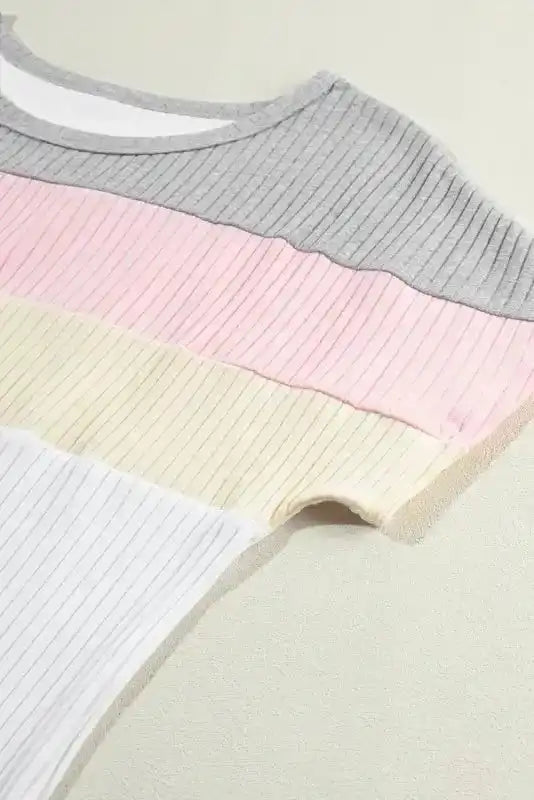 White Ribbed Color Block Patchwork T-shirt - Fashionfitz