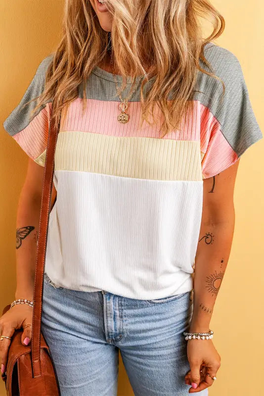 White ribbed color block patchwork t-shirt - tops