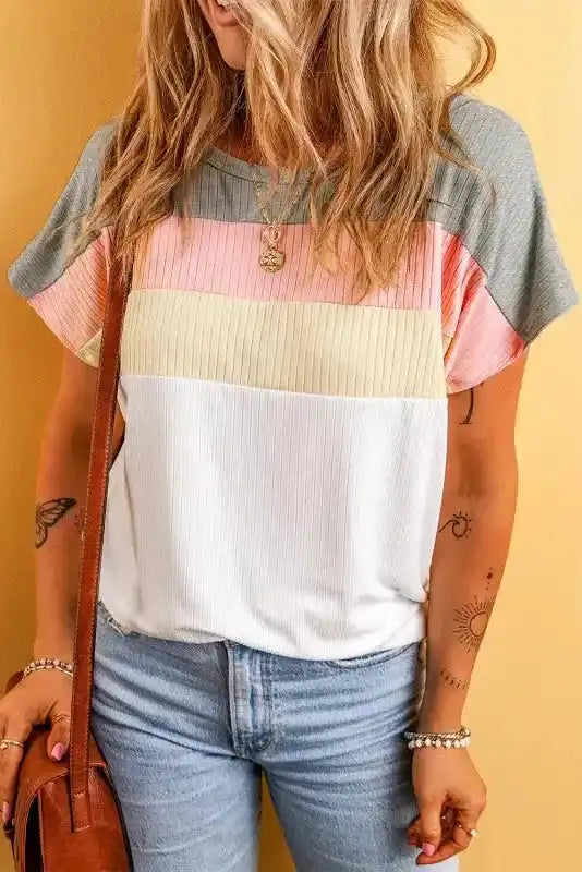 White Ribbed Colour Block Patchwork Top Women UK styled as a clean casual everyday outfit — Fashionfitz