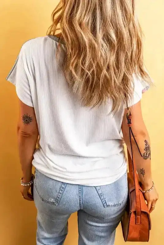 Back view of White Ribbed Colour Block Patchwork Top showing relaxed fit and 95% cotton construction — Fashionfitz