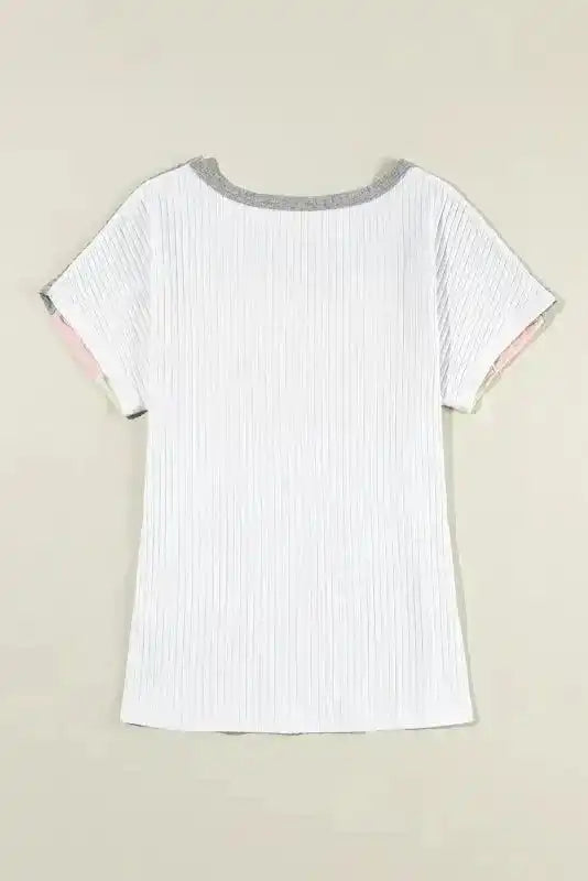 White Ribbed Color Block Patchwork T-shirt - Fashionfitz