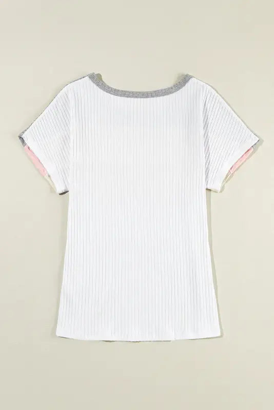 White ribbed color block patchwork t-shirt - tops