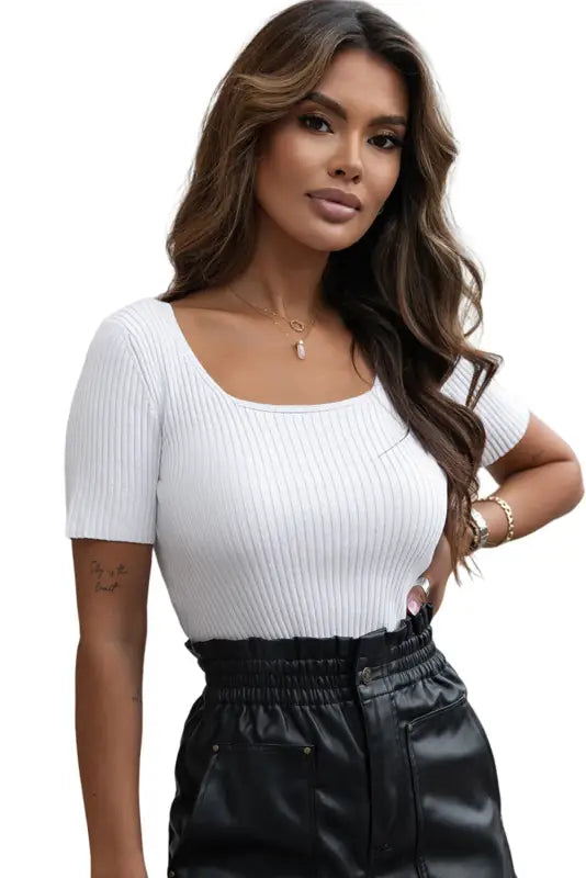 White ribbed square neck short sleeve top - t-shirts