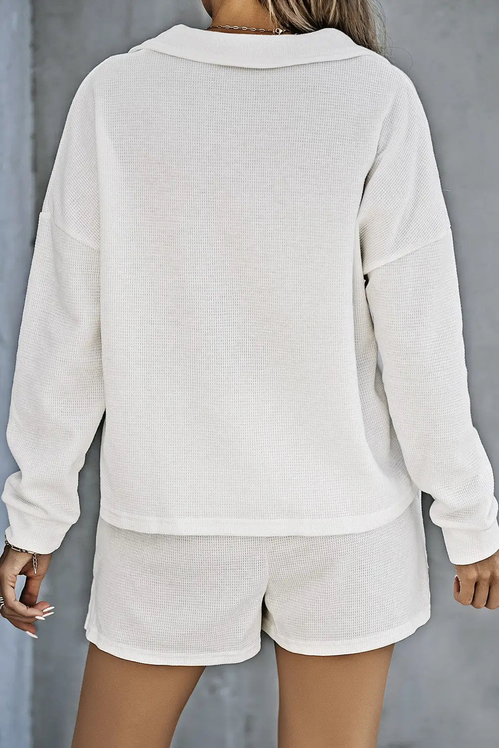 White ribbed zipper sweatshirt and high waist shorts set - loungewear