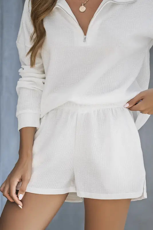 White ribbed zipper sweatshirt and high waist shorts set - loungewear