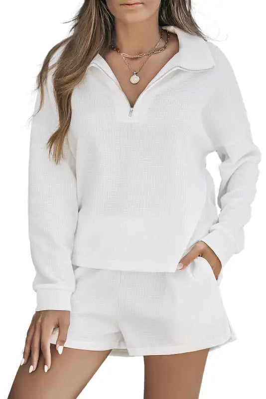 White ribbed zipper sweatshirt and high waist shorts set - loungewear