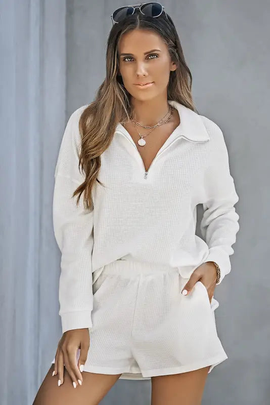 White ribbed zipper sweatshirt and high waist shorts set - loungewear