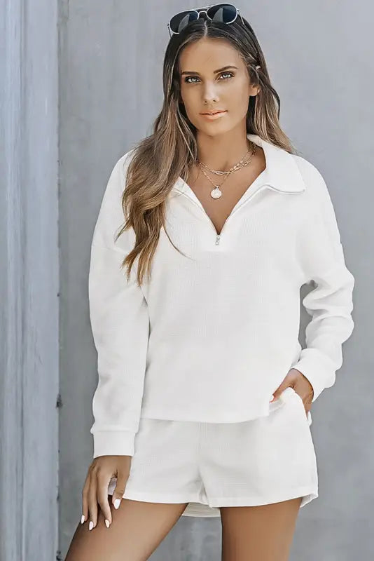 White ribbed zipper sweatshirt and high waist shorts set - loungewear