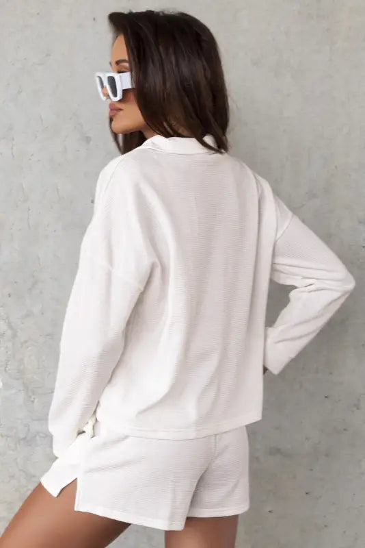 White ribbed zipper sweatshirt and high waist shorts set - loungewear