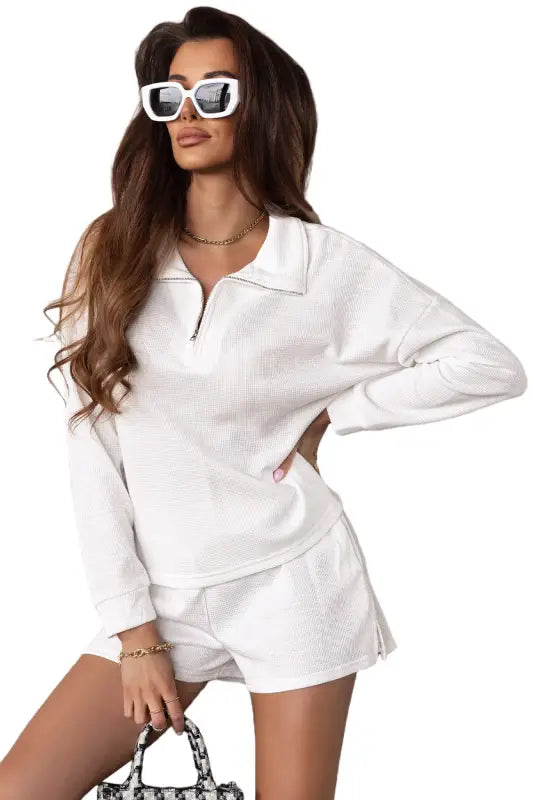 White ribbed zipper sweatshirt and high waist shorts set - loungewear