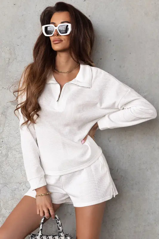 White ribbed zipper sweatshirt and high waist shorts set - s / 60% cotton + 35% polyester + 5% elastane - loungewear