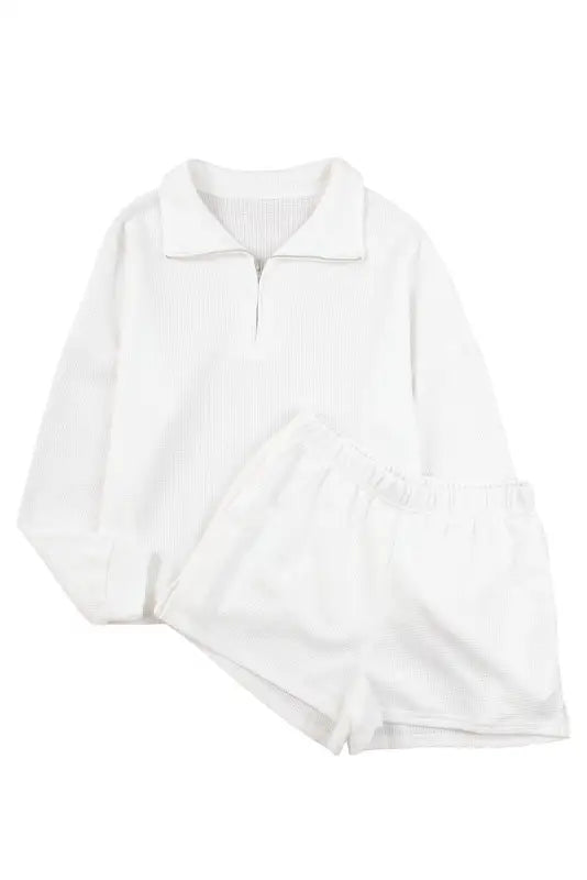 White ribbed zipper sweatshirt and high waist shorts set - loungewear