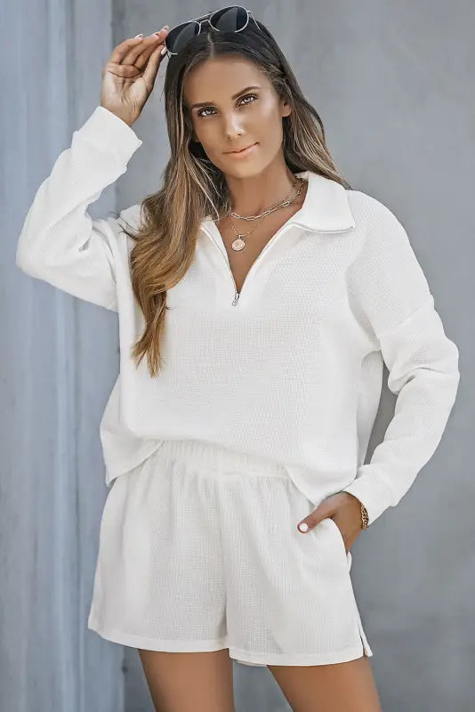 White ribbed zipper sweatshirt and high waist shorts set - loungewear