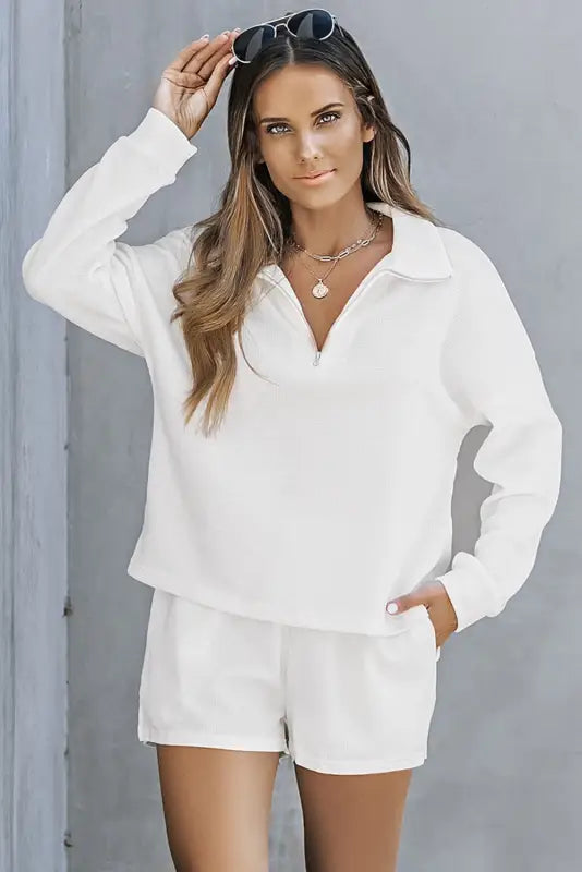 White ribbed zipper sweatshirt and high waist shorts set - loungewear