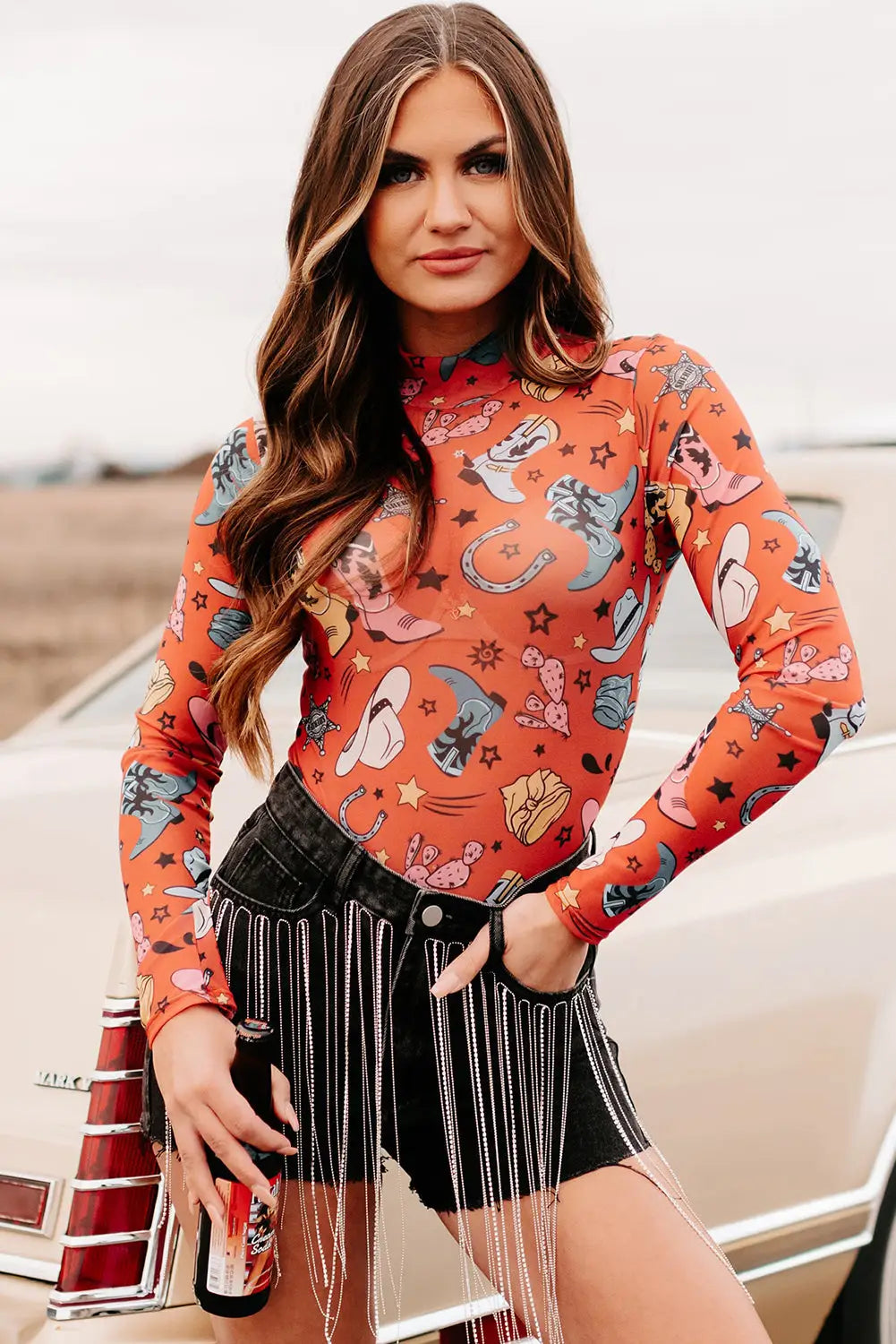 White rodeo bound printed long sleeve bodysuit - bodysuits