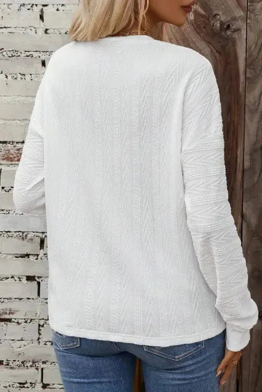 White Round Neck Drop Shoulder Textured Knit Top - Fashionfitz