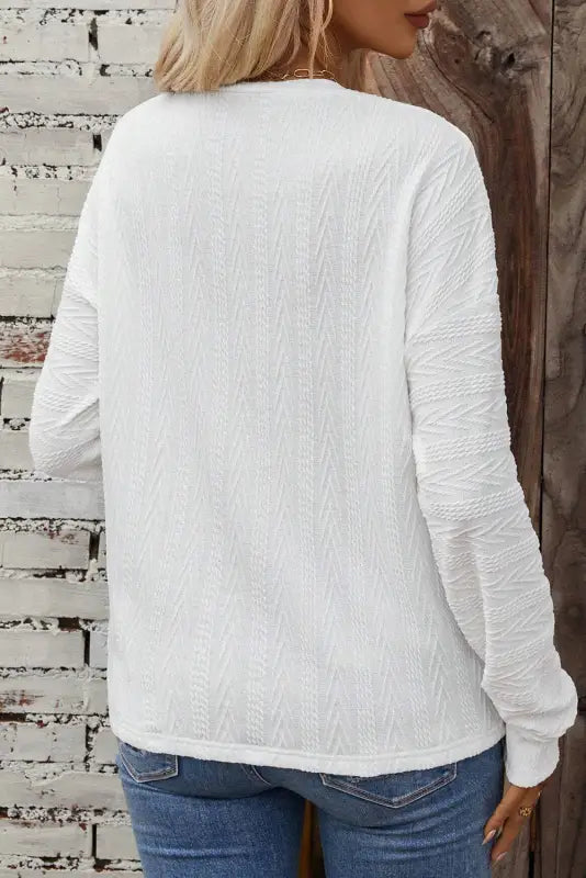 White round neck drop shoulder textured knit top - long sleeve tops