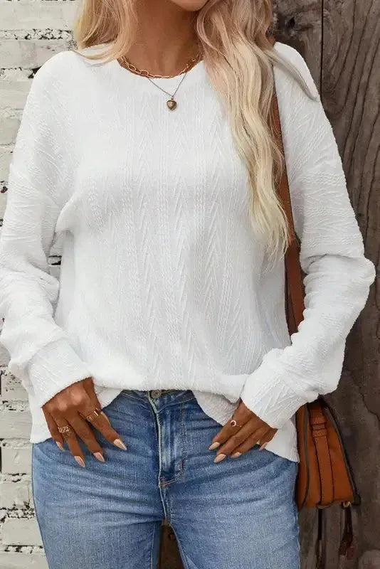 White Round Neck Drop Shoulder Textured Knit Top - Fashionfitz