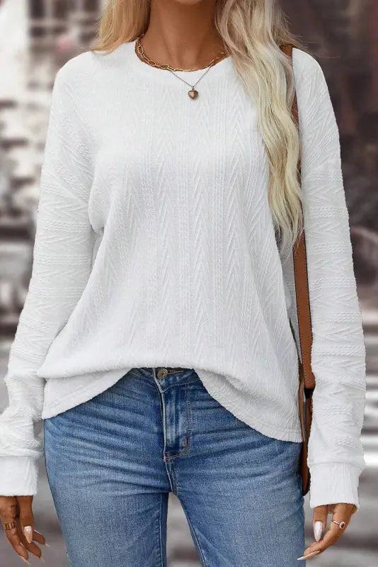 White round neck drop shoulder textured knit top - long sleeve tops