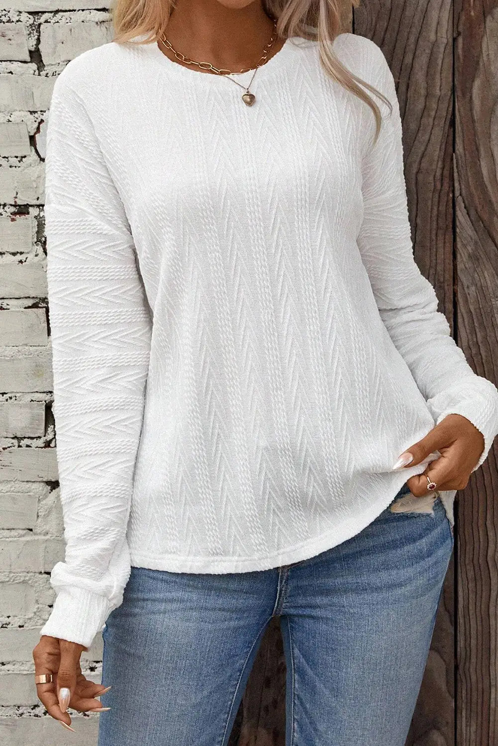 White round neck drop shoulder textured knit top - long sleeve tops