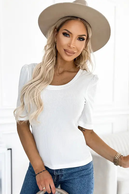 White round neck half sleeve ribbed knit top - t-shirts