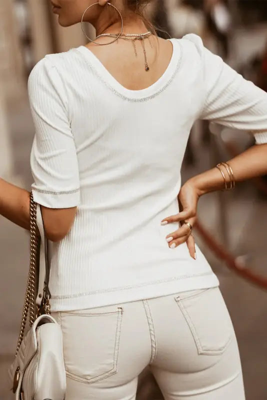 White round neck half sleeve ribbed knit top - t-shirts