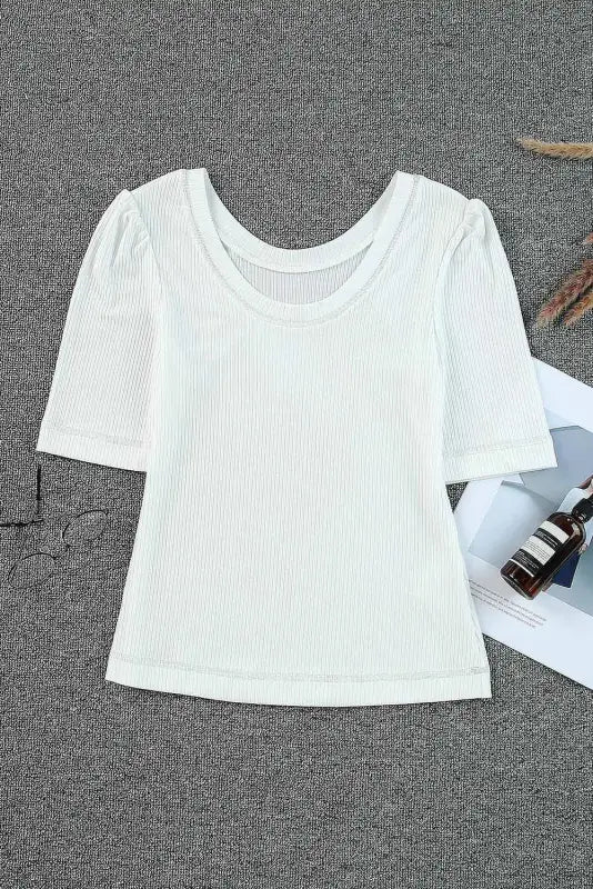 White round neck half sleeve ribbed knit top - t-shirts