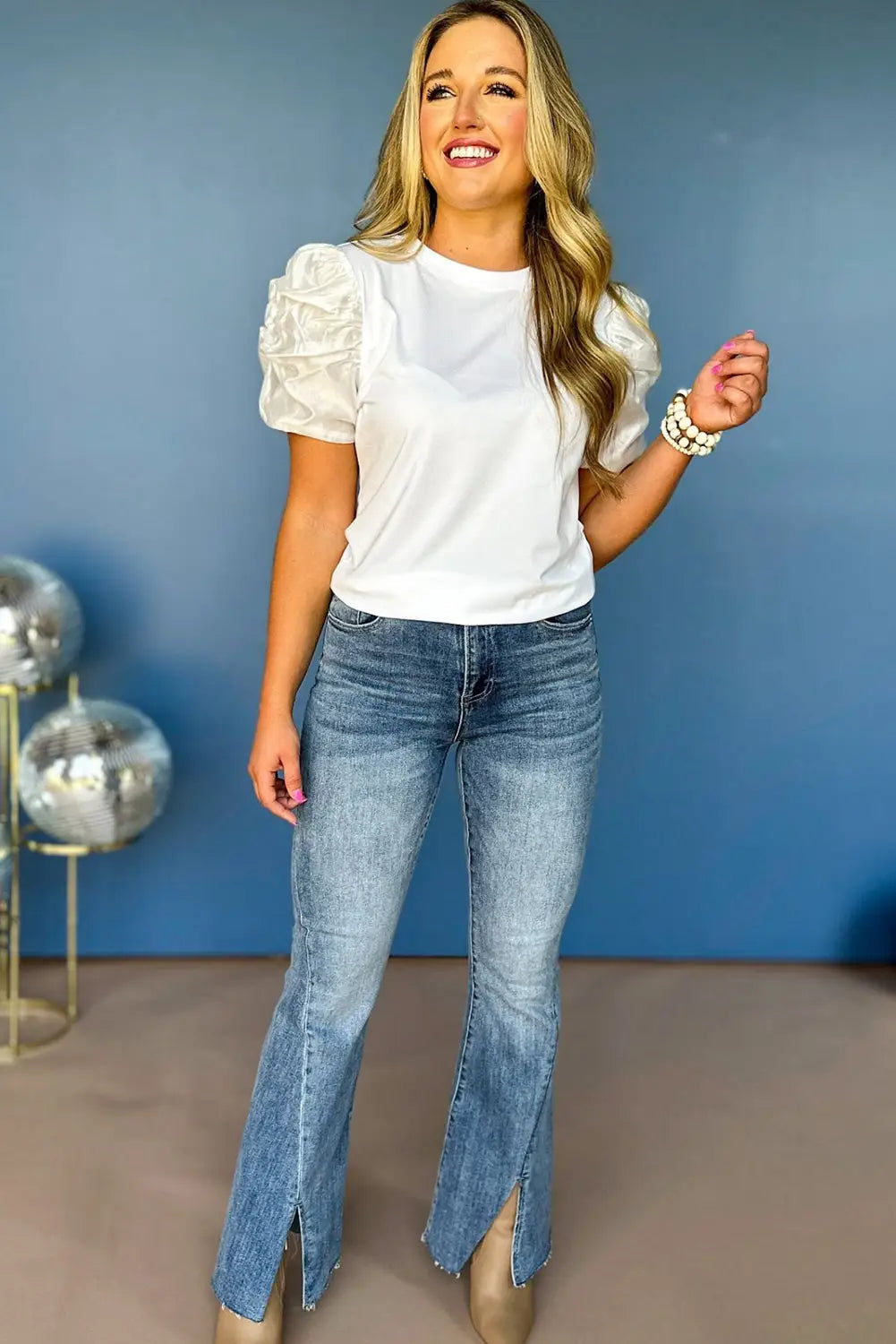 White ruched puff sleeve crew neck tee - t-shirts