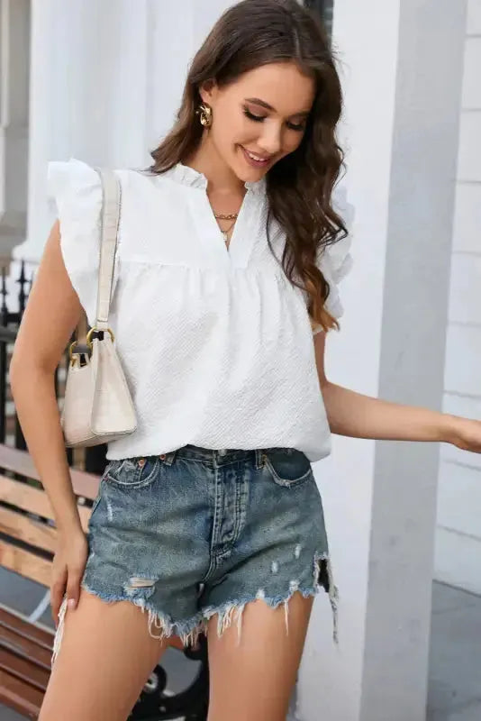White Ruffle Accent Flutter Sleeve Notch Neck Top - Fashionfitz