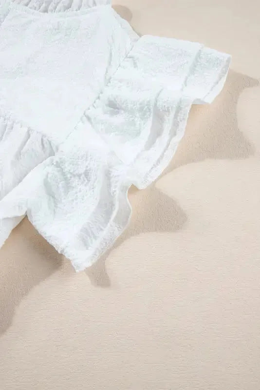 White Ruffle Accent Flutter Sleeve Notch Neck Top - Fashionfitz