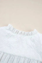 White Ruffle Accent Flutter Sleeve Notch Neck Top - Fashionfitz