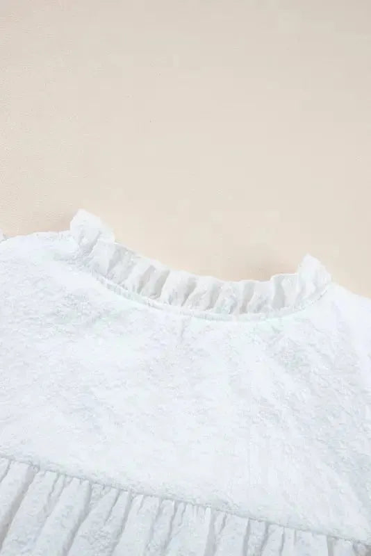 White Ruffle Accent Flutter Sleeve Notch Neck Top - Fashionfitz