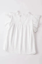 White Ruffle Accent Flutter Sleeve Notch Neck Top - Fashionfitz
