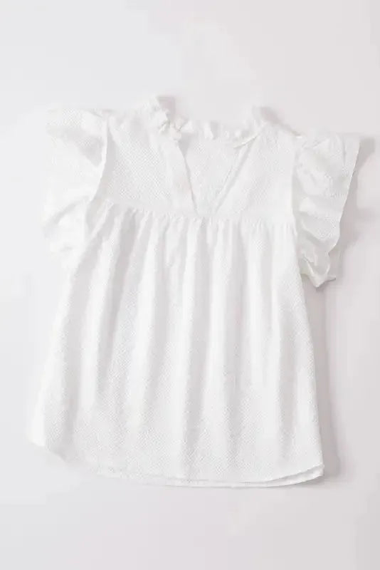 White Ruffle Accent Flutter Sleeve Notch Neck Top - Fashionfitz