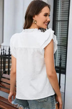 White Ruffle Accent Flutter Sleeve Notch Neck Top - Fashionfitz