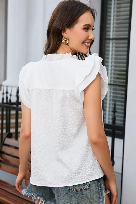 White ruffle accent flutter sleeve notch neck top - tops