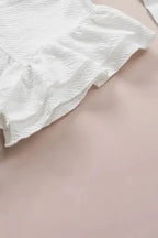 White Ruffle Accent Flutter Sleeve Notch Neck Top - Fashionfitz