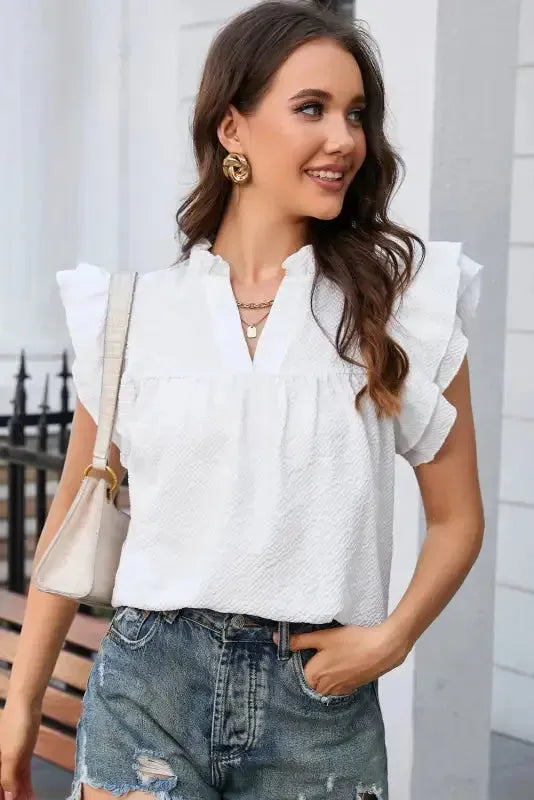 White Ruffle Accent Flutter Sleeve Notch Neck Top - Fashionfitz