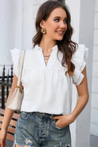 White Ruffle Accent Flutter Sleeve Notch Neck Top - Fashionfitz