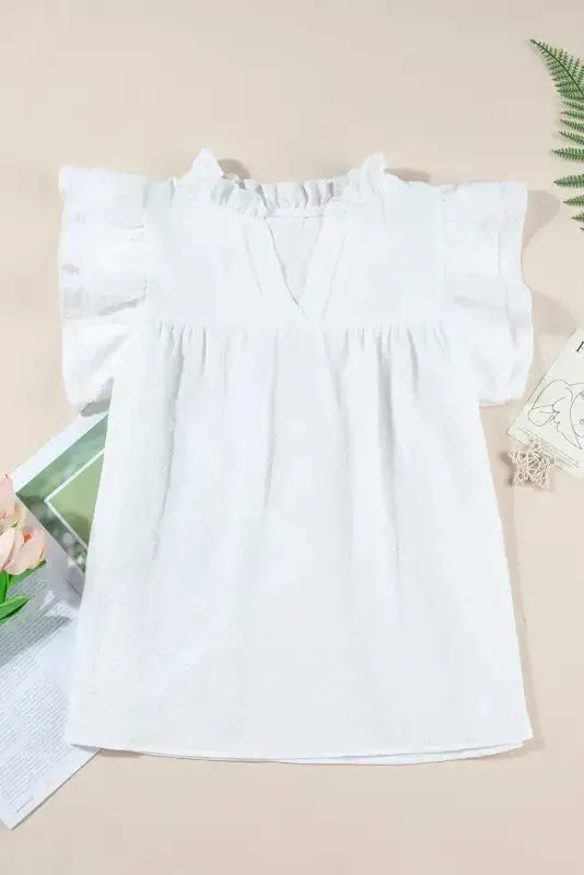 White Ruffle Accent Flutter Sleeve Notch Neck Top - Fashionfitz